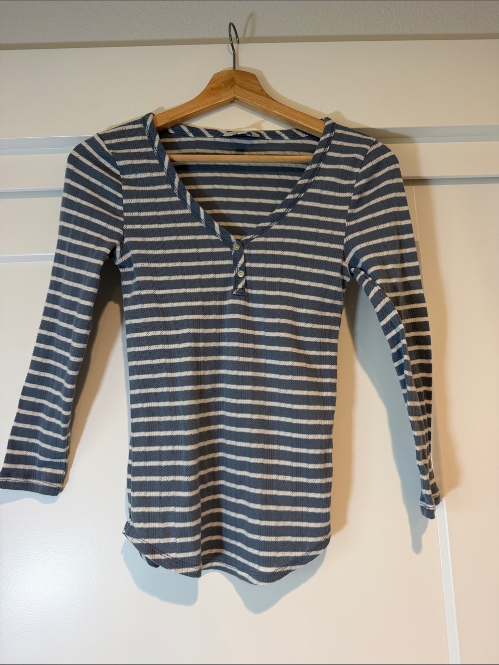 Lucky Brand Navy & White Striped Ribbed Henley 3/4 Sleeve